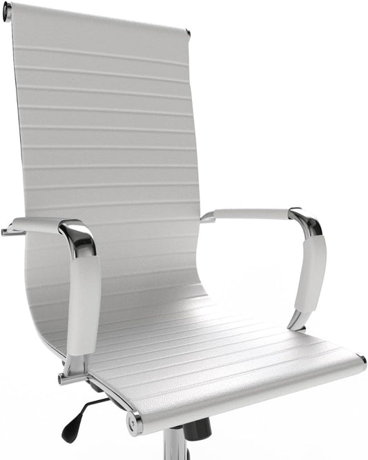 Mahmayi Ultimate 031L Eames Replica Ribbed PU Chrome High-Back Ergonomic Office Chair with Height Adjustable Seat - Complete Comfort for Your Workspace (High Back, White)