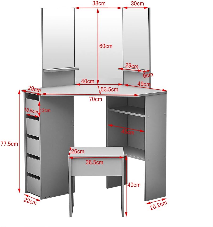 Panana Dressing Table MDF Corner Makeup Table with 3 Mirrors, 5 Drawers, 1 Compatiment and Bedroom Stool, 109 cm (L) x 55 cm (W) x 140 cm (H) (Grey)