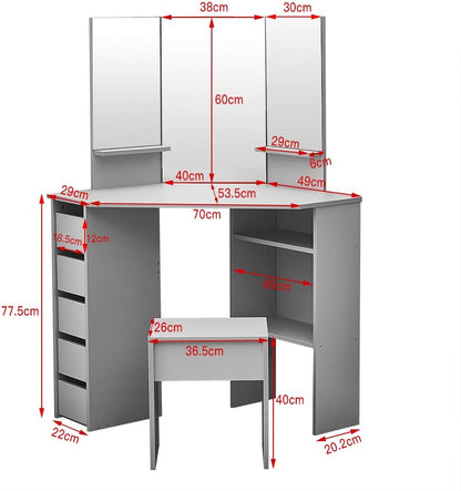 Panana Dressing Table MDF Corner Makeup Table with 3 Mirrors, 5 Drawers, 1 Compatiment and Bedroom Stool, 109 cm (L) x 55 cm (W) x 140 cm (H) (Grey)