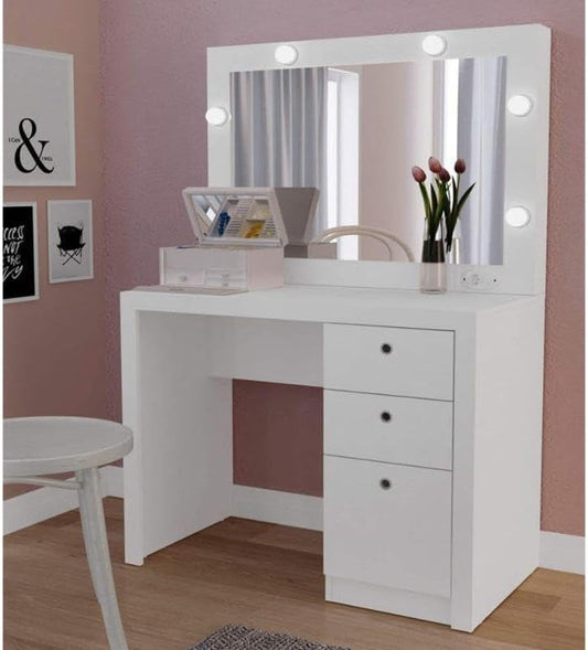 Makeup Vanity Dressing Table with LED Mirror, 3 Drawers, White