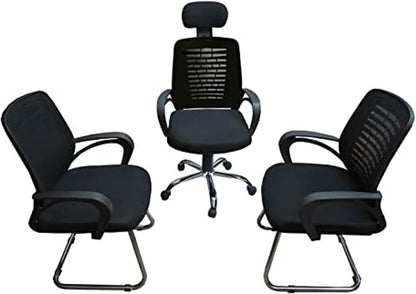 2 Office Fixed Chair and Wheelchair with Headrest Set (Black)