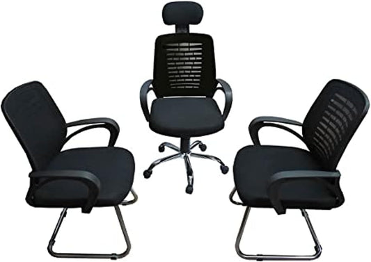 2 Office Fixed Chair and Wheelchair with Headrest Set (Black)