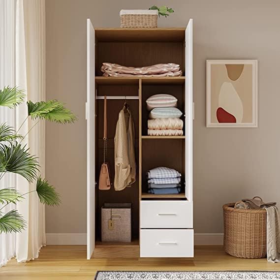 Panana 2 Door 2 Drawer Wardrobe with Shelf and Hanging Rail Wooden Clothes Storage Cupboards Unit for Bedroom Furniture 77 * 50 * 180cm (White with Oak), Brown