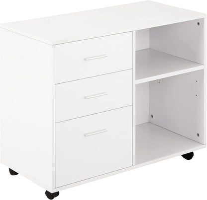 HOMCOM Freestanding Printer Stand Unit Office Desk Side Mobile Storage w/Wheels 3 Drawers, 2 Open Shelves Modern Style 80L x 40W x 65H cm - White