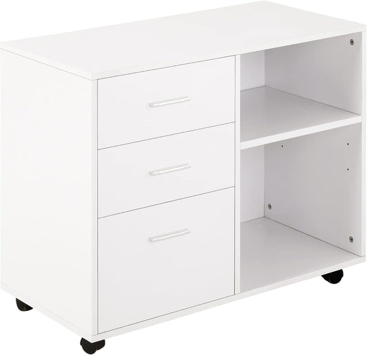 HOMCOM Freestanding Printer Stand Unit Office Desk Side Mobile Storage w/Wheels 3 Drawers, 2 Open Shelves Modern Style 80L x 40W x 65H cm - White