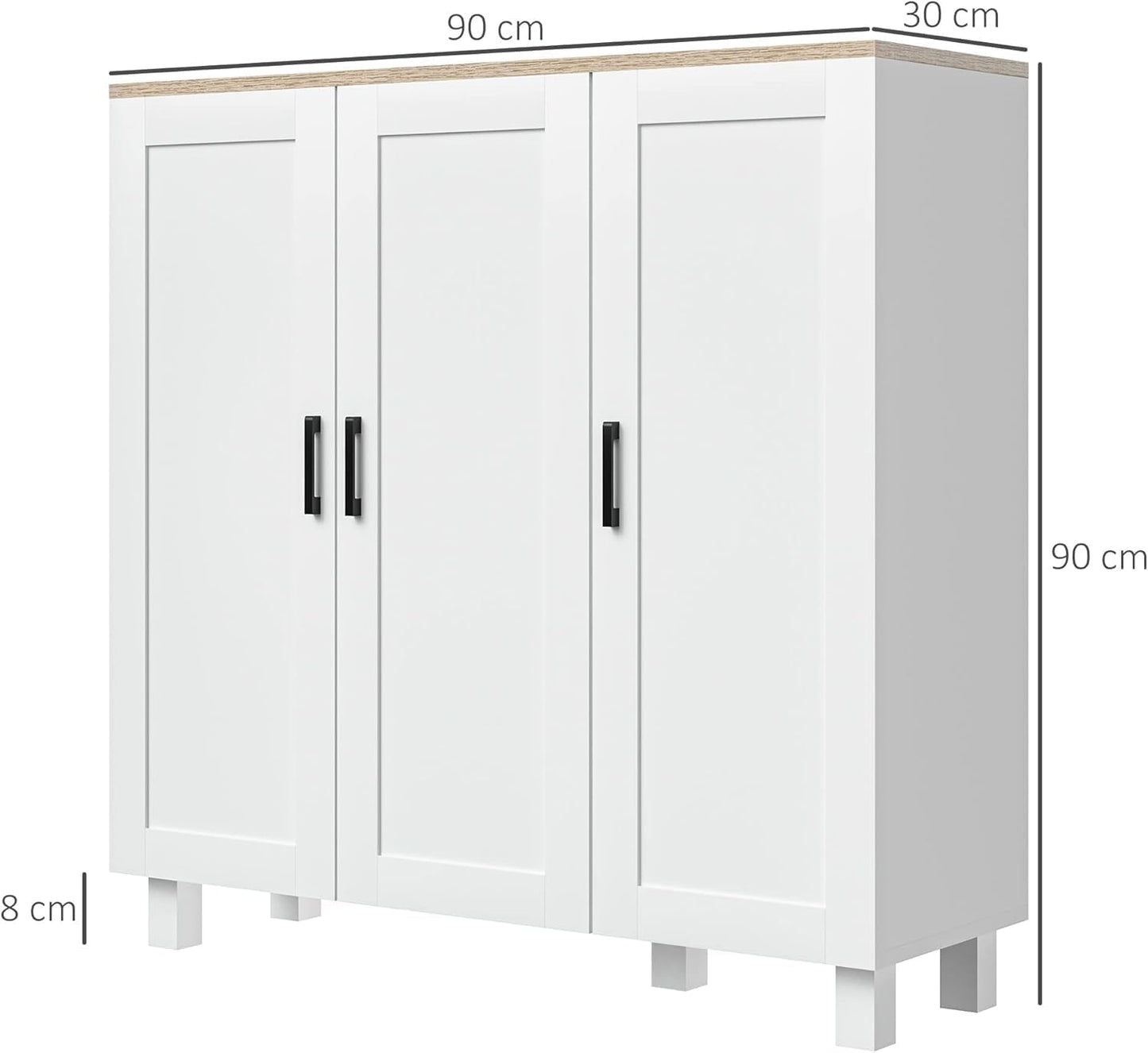 FurniFlex 3-Doors Nordic Style Living Room Sideboard Cabinet with Adjustable Shelves, 90 cm x 30 cm x 90 cm Size, White