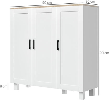 FurniFlex 3-Doors Nordic Style Living Room Sideboard Cabinet with Adjustable Shelves, 90 cm x 30 cm x 90 cm Size, White