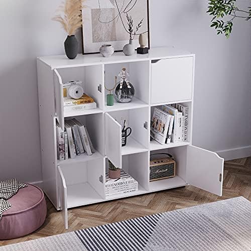 Panana 9 Cube Wooden Storage Unit Modern Stylish Bookcase Shelving 9 Cubes with 5 Doors Bookshelves Cubes Shelf/Shelves Books CDs & DVDs Office Home Storage (White)