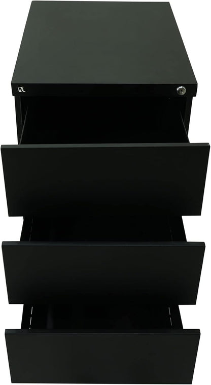RIGID Steel Mobile Pedestal 3 Drawer Storage Unit Modern & Sleek Office Furniture Black