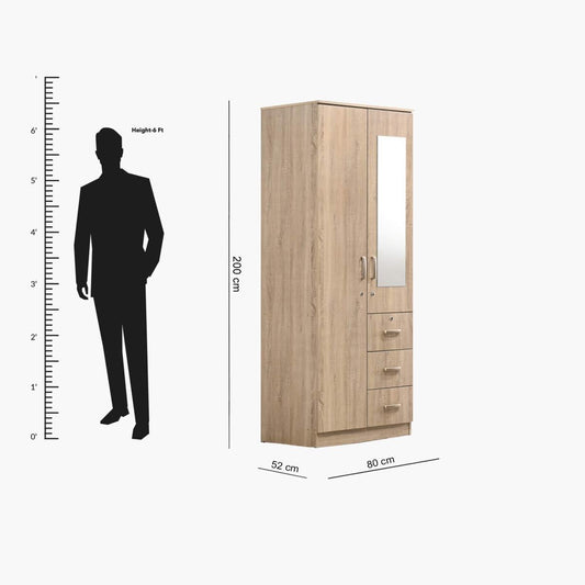 Home Box Wardrobe -Home Box Cooper 2-Doors and 3-Drawers with Mirror and Lock, Sonoma Oak