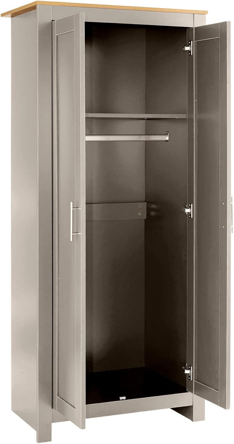Home Source 2 Wardrobe Tall Clothes Organiser Hanging Rail Shelf Storage, Wood, Grey, Panelled Doors