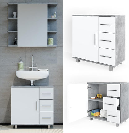 Vicco Ilias Vanity Unit Bathroom Cabinet (Concrete) - 60x60.8x33 cm - 3 Drawers & 1 Door - Stainless Steel Handles - Contemporary Style - Freestanding - Bathroom Storage