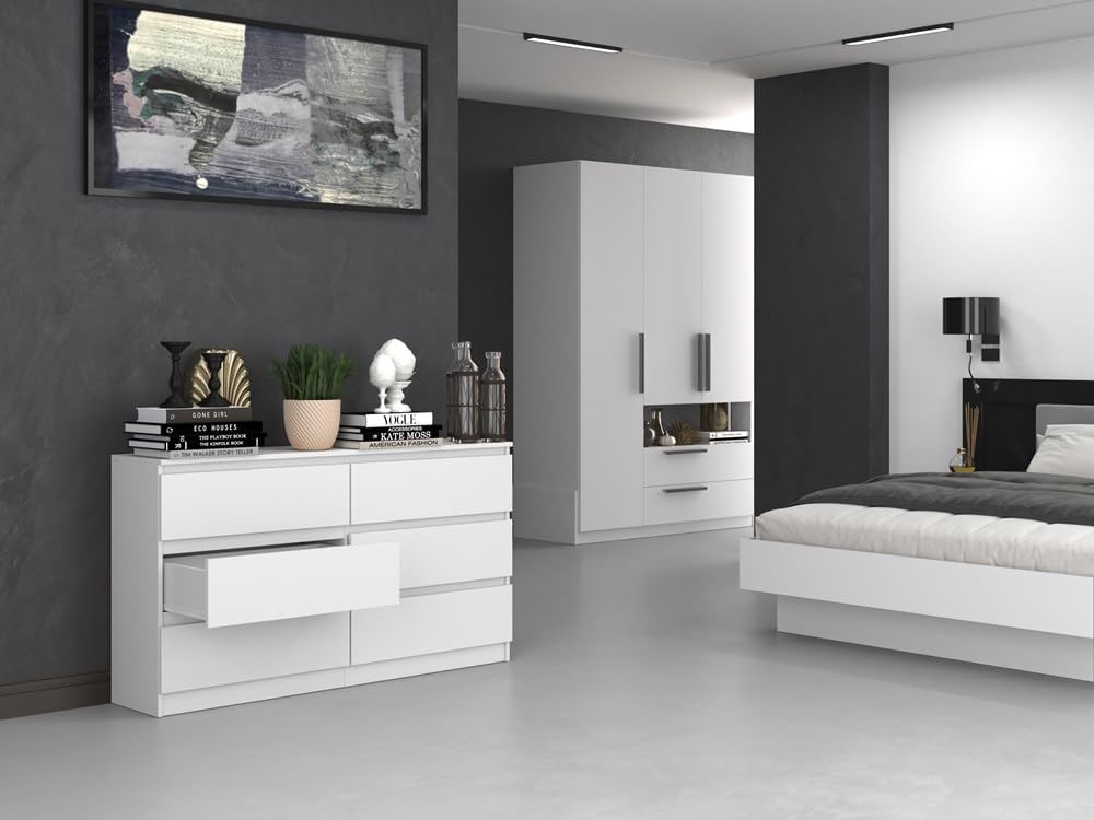 VBChome Chest of Drawers with 6 Drawers, 140 x 40 x 77 cm, White, Handle-Free Drawer Chest of Drawers, Multi-Purpose Cabinet for Hallway, Bedroom, Living Room, Children's Room, Modern White