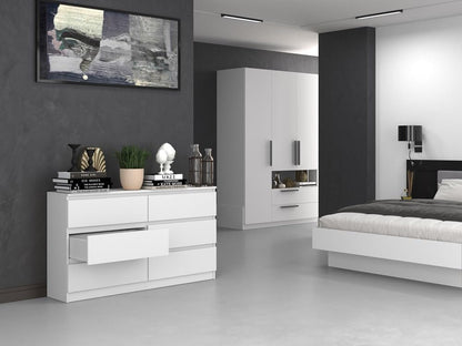 VBChome Chest of Drawers with 6 Drawers, 140 x 40 x 77 cm, White, Handle-Free Drawer Chest of Drawers, Multi-Purpose Cabinet for Hallway, Bedroom, Living Room, Children's Room, Modern White