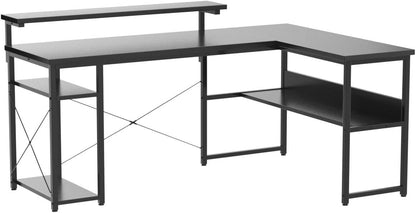 ODK 61" Reversible L Shaped Computer Desk, Modern Black Corner Desk with Storage Shelves & Monitor Stand, Home Office, Gaming, Writing Desk