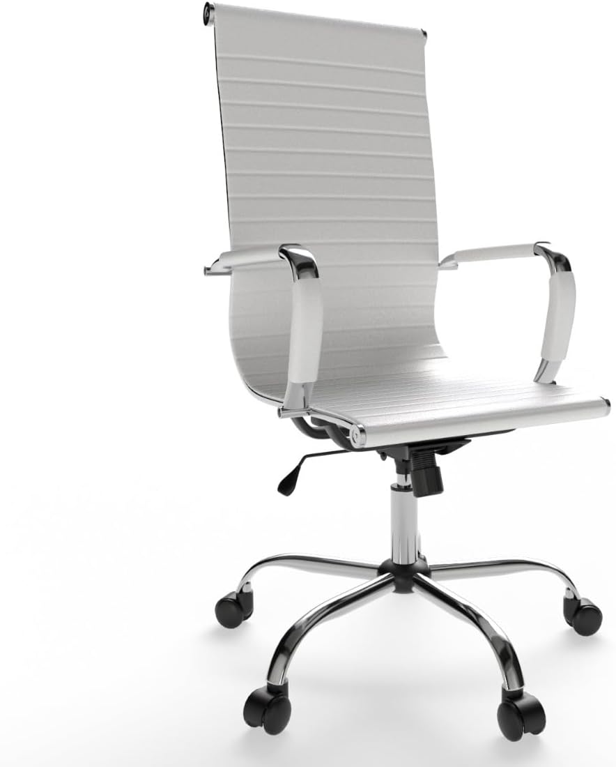 Mahmayi Ultimate 031L Eames Replica Ribbed PU Chrome High-Back Ergonomic Office Chair with Height Adjustable Seat - Complete Comfort for Your Workspace (High Back, White)