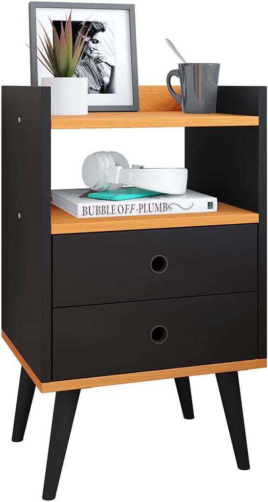 Lojas RPM Bedside Table Bedroom Dream 2 Drawers with Feet Retro Style - Black/Cinamomo