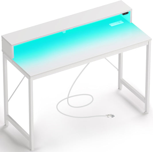 Rolanstar Computer Desk 39" with LED Lights & Power Outlets, Home Office Desk with Monitor Shelf, Gaming Desk, Writing Desk, Study Desk for Student & Kids, White