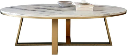 NATUO-Furniture Mid Century Couch Table Modern Simple Oval Marble Coffee Table Side Living Room End Table Cocktail Table Gold Metal iron Base,70cm/80cmx60cmx45cm(White)