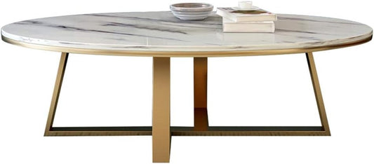 NATUO-Furniture Mid Century Couch Table Modern Simple Oval Marble Coffee Table Side Living Room End Table Cocktail Table Gold Metal iron Base,70cm/80cmx60cmx45cm(White)