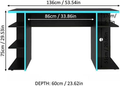 Madesa Gaming Computer Table and Office Desk with 5 Shelves and Cable Management, Wood, 136x75x60 Cm – Black/Blue
