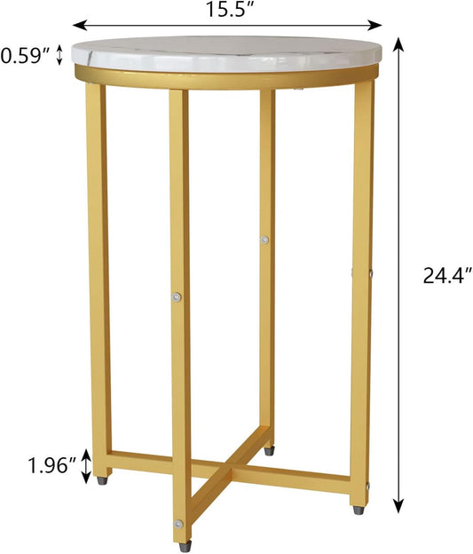 AWQM Round Side Table Set of 2, Modern Nightstand Faux Marble Accent Coffee Table for Living Room, Bedroom, Home & Office (White & Gold)