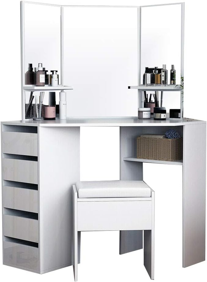 Panana Corner Dressing Table Makeup Desk Bedroom Dresser Table Furniture With Mirror Makeup Stool Set (White)