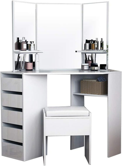 Panana Corner Dressing Table Makeup Desk Bedroom Dresser Table Furniture With Mirror Makeup Stool Set (White)