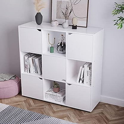 Panana 9 Cube Wooden Storage Unit Modern Stylish Bookcase Shelving 9 Cubes with 5 Doors Bookshelves Cubes Shelf/Shelves Books CDs & DVDs Office Home Storage (White)