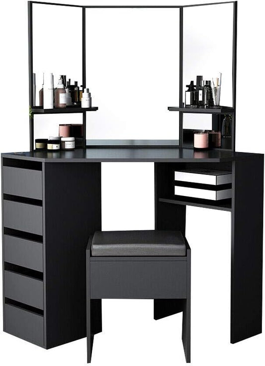 Panana Dressing Table MDF Corner Makeup Table with 3 Mirrors, 5 Drawers, 1 Compatiment and Bedroom Stool, 109 cm (L) x 55 cm (W) x 140 cm (H) (Black)
