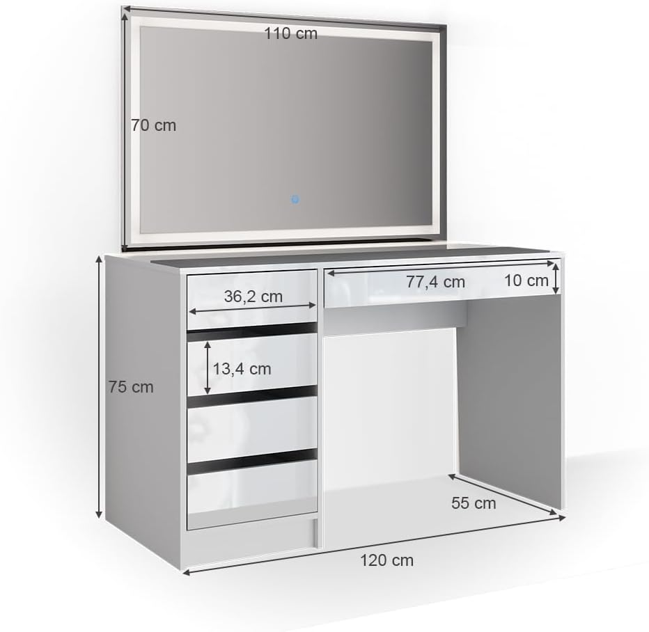 Vicco dressing table with light "Sherry", White High gloss, 120 cm with LED lighting