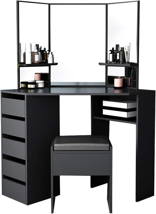 Panana Corner Dressing Table Set, Makeup Dresser Table with 3 Large Mirrors, 5 Drawers and Stool Vanity Console Bedroom Modern Furniture (Black)