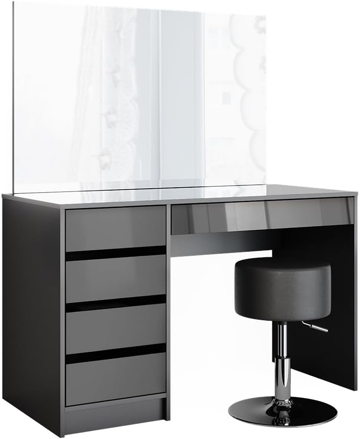 Vicco Dressing Table Sherry Anthracite High Gloss Mirror Dressing Table Chest of Drawers 5 Drawers Stool