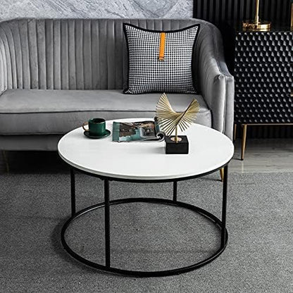 White Round Coffee Table for Living Room, Bedroom and Office, Modern Cocktail Table, Accent Side Sofa Table with Wooden Top & Metal Frame, Sturdy and Stylish, 31.5 Inch