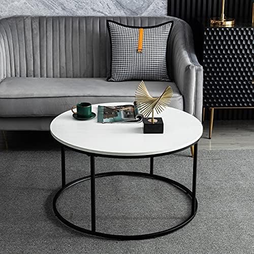 White Round Coffee Table for Living Room, Bedroom and Office, Modern Cocktail Table, Accent Side Sofa Table with Wooden Top & Metal Frame, Sturdy and Stylish, 31.5 Inch