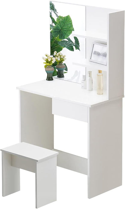 OFCASA Dressing Table with Mirror and Stool, Drawer, 2 Shelves (White, 75 x 40 x 137cm, Small)