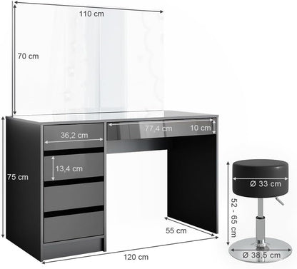 Vicco Dressing Table Sherry Anthracite High Gloss Mirror Dressing Table Chest of Drawers 5 Drawers Stool