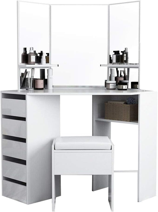 Panana Corner Dressing Table Makeup Desk Bedroom Dresser Table Furniture With Mirror Makeup Stool Set (White)