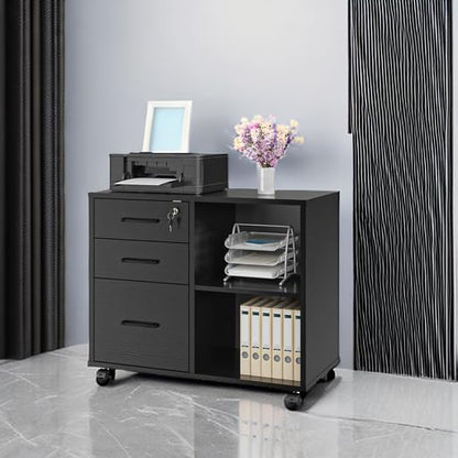 Panana-3 Drawer Office File Cabinets, Mobile Lateral Printer Stand with Open Storage Shelf, Rolling Filing Cabinet with Wheels Home Office Organization and Storage (Black)