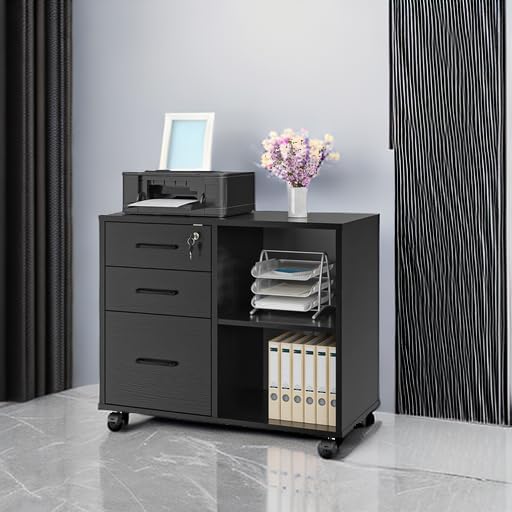 Panana-3 Drawer Office File Cabinets, Mobile Lateral Printer Stand with Open Storage Shelf, Rolling Filing Cabinet with Wheels Home Office Organization and Storage (Black)