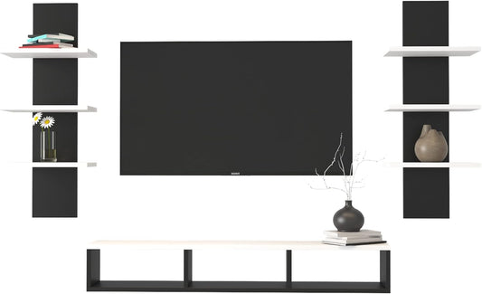Furinno MDF Wood Wall Mounted TV Entertainment Unit Set Top Box Stand for Living Room Bedroom Hall Home Office Hotel Multipurpose Storage Display Rack Wall Shelf Wooden Furniture (White & Black)