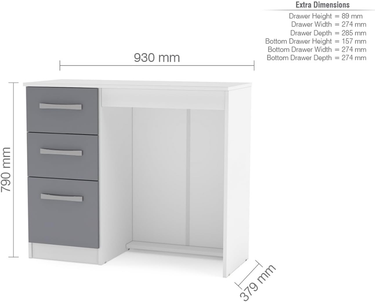 Birlea Lynx 3 Drawer Dressing Table High Gloss, White and Grey