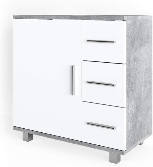 Vicco Ilias Vanity Unit Bathroom Cabinet (Concrete) - 60x60.8x33 cm - 3 Drawers & 1 Door - Stainless Steel Handles - Contemporary Style - Freestanding - Bathroom Storage