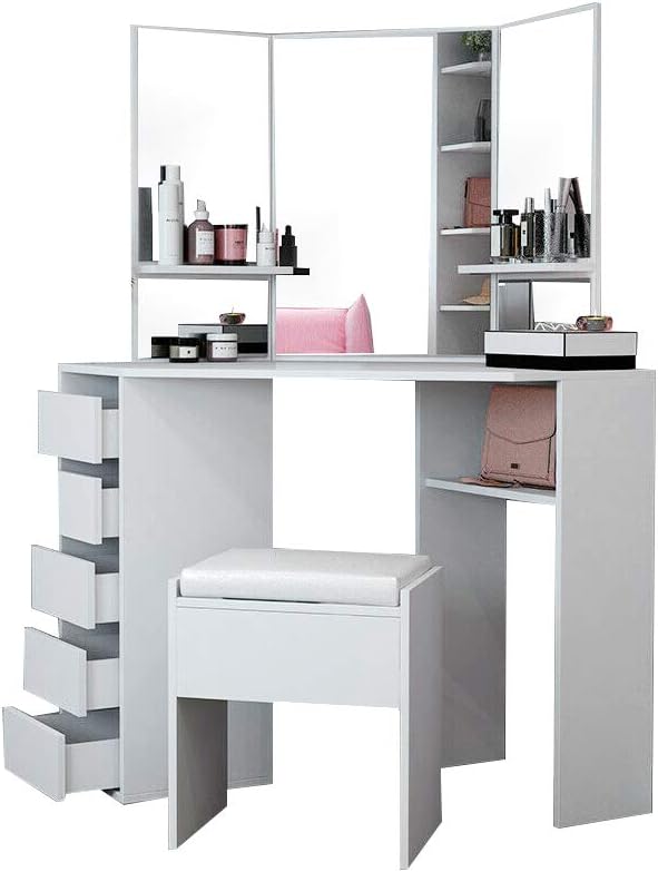 Panana Corner Dressing Table Makeup Desk Bedroom Dresser Table Furniture With Mirror Makeup Stool Set (White)