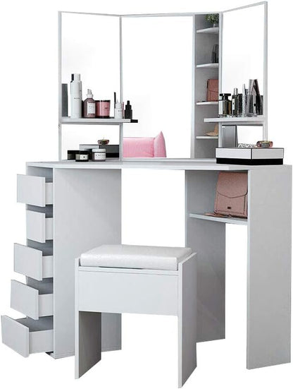 Panana Corner Dressing Table Makeup Desk Bedroom Dresser Table Furniture With Mirror Makeup Stool Set (White)
