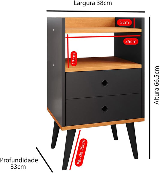 Lojas RPM Bedside Table Bedroom Dream 2 Drawers with Feet Retro Style - Black/Cinamomo