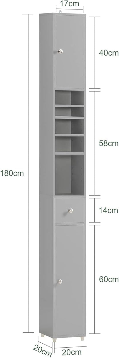 SoBuy BZR34-HG Bathroom Tall Cabinet with 5 Compartments with 1 Drawer and Doors Light Grey W x H x D x H x D x H x D x D: Approx. 20 x 180 x 20 cm