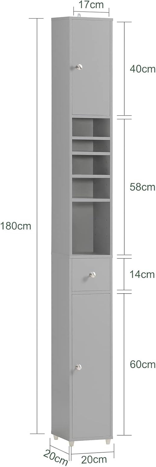 SoBuy BZR34-HG Bathroom Tall Cabinet with 5 Compartments with 1 Drawer and Doors Light Grey W x H x D x H x D x H x D x D: Approx. 20 x 180 x 20 cm