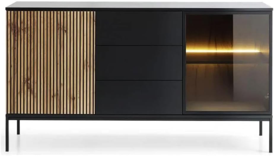 Kitchen sideboard Buffet, Space-Saving with 1 Door Glass Honey, Black and Brown Wooden, Aluminum doors with light, Stainless steel legs, 3 Shelves, 3 Drawer, (D x 40 CM), (W x 180 CM), (H x 90 CM)
