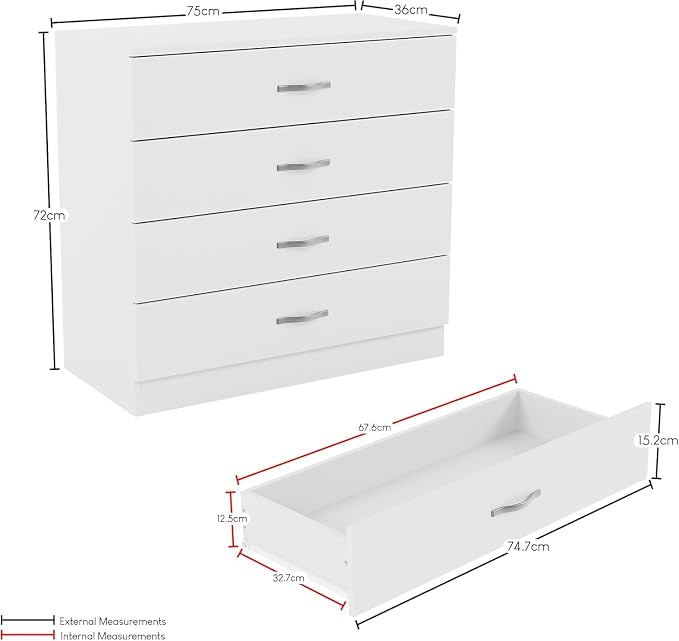 White Chest of Drawers, 4 Drawer With Metal Handles & Runners, Unique Anti-Bowing Drawer Support, Riano Bedroom Furniture